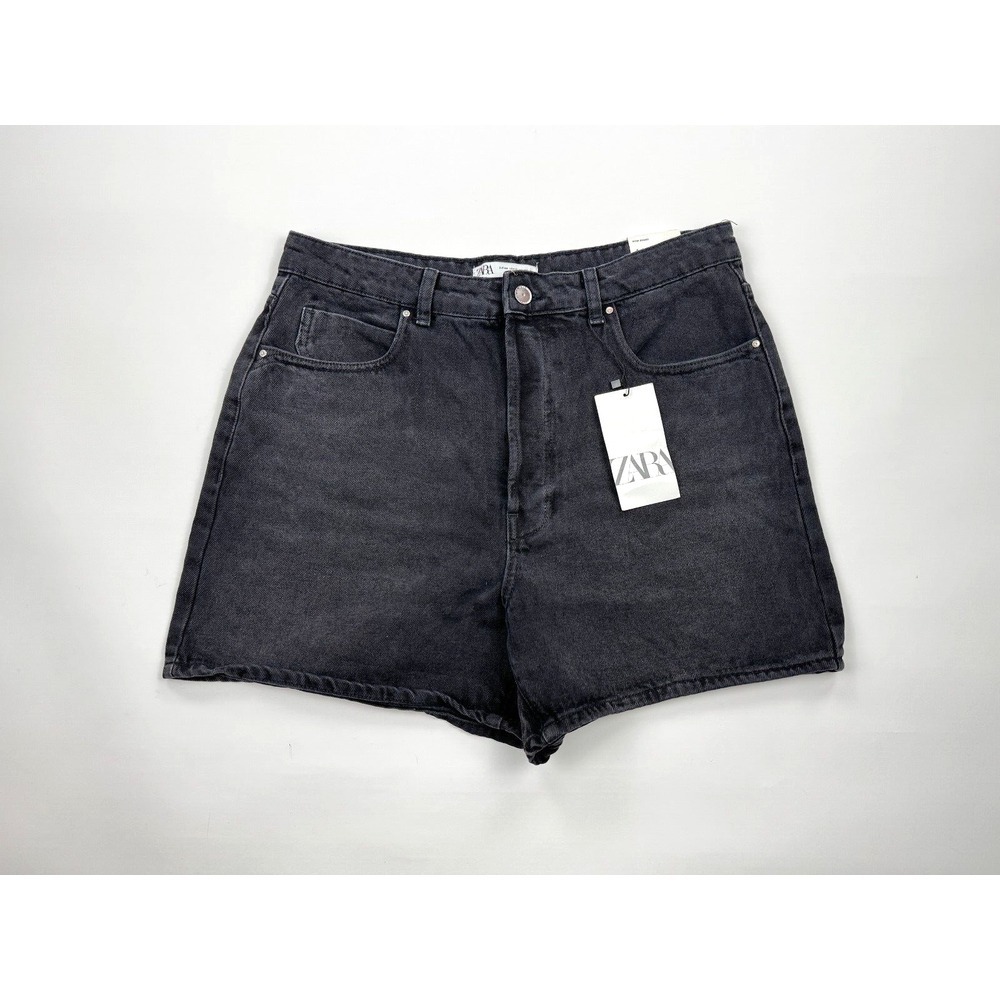 Zara High Rise Rigid Mom Shorts Women 12 NWT Cotton Buttonโ Fly 5-Pockets Balck